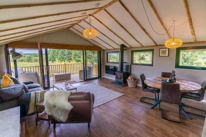 Open plan living area inside your safari lodge at Bird Holme Glamping in Nottinghamshire