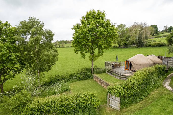 drone view of Offa's Dyke Yurt in Shropshire