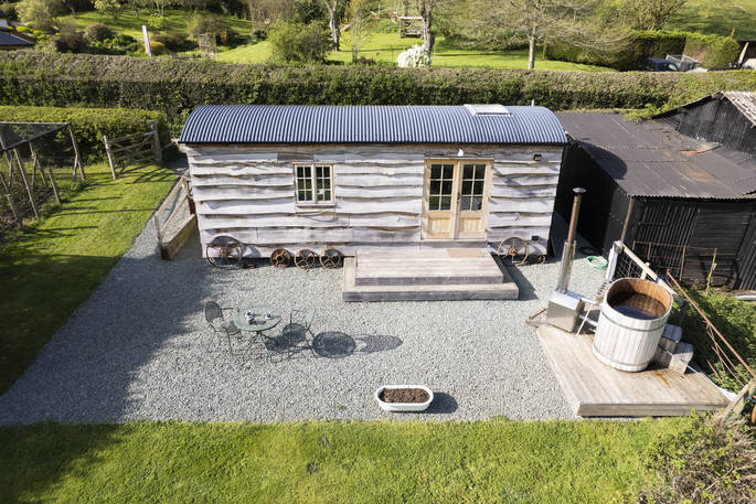 Aether's Tilt cabin drone view at Offa's Pitch, Craven Arms, Shropshire
