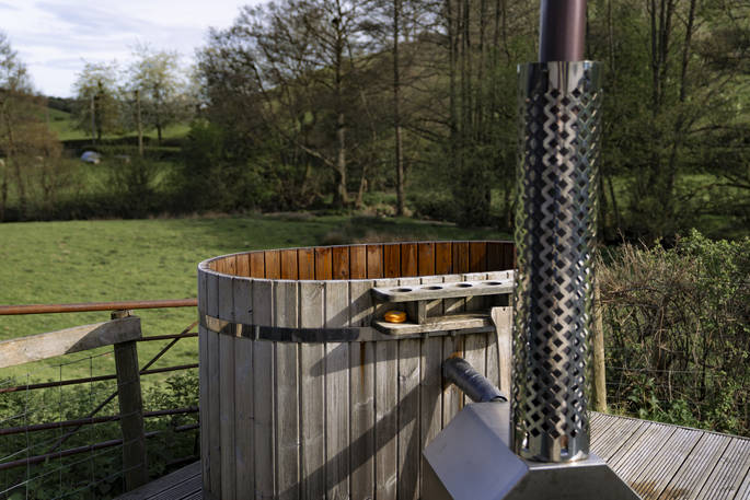 Aether's Tilt cabin hot tub at Offa's Pitch, Craven Arms, Shropshire