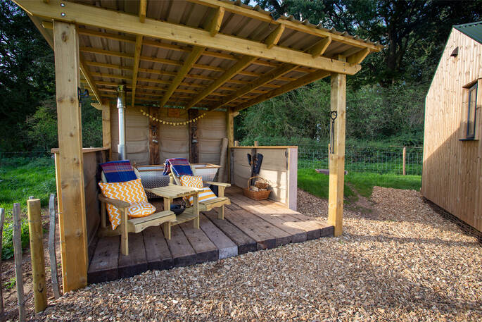 Shed with wood fired bath tub