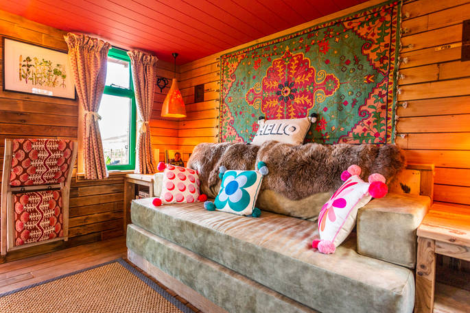 Sofa at McLaughlin's, cabin, holiday, shropshire, england