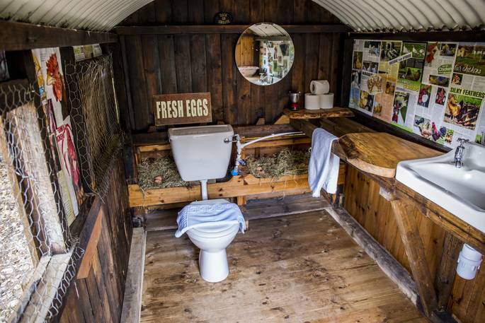Inside hen house loo at Buffalo Springfield Yurt, Shropshire