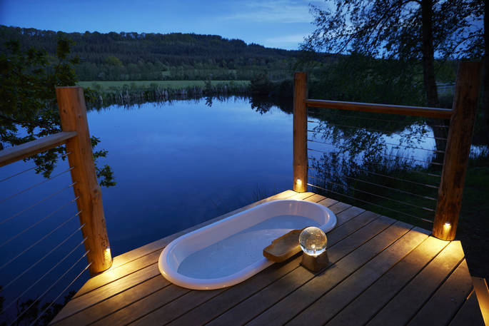 At the Pond cabin outdoor bathtub after sunset, Bruton, Somerset