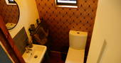 Bathroom in the cabin with a flushing toilet and sink
