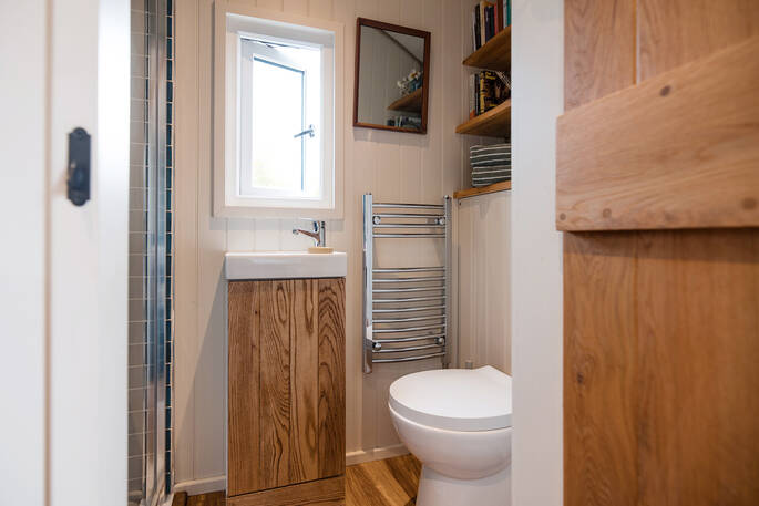 Bathroom with a shower, flushing toilet and sink