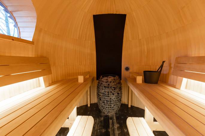 Discovery Lodge cabin communal sauna, Laxfield, Suffolk, England