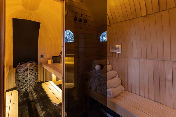 Discovery Lodge cabin glamping communal sauna, Laxfield, Suffolk, England