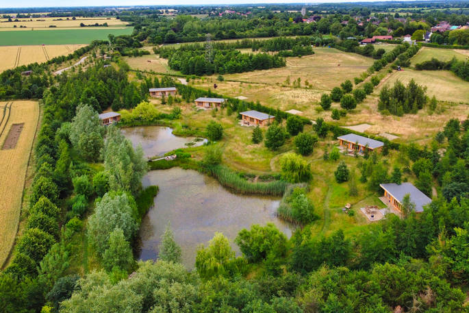 Blyth Rise Stays cabins, drone view, glamping, Laxfield, Suffolk, England