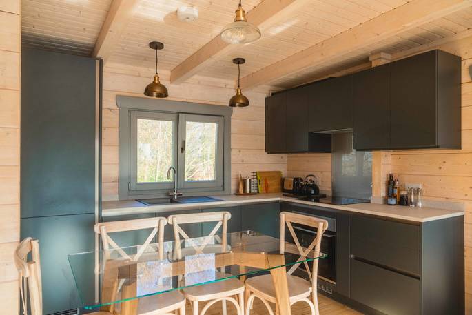 Russet Lodge cabin kitchen, Blyth Rise Stays, Laxfield, Suffolk