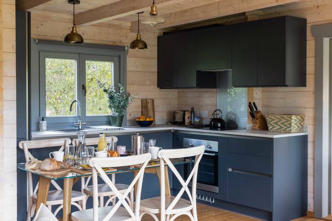 Spartan Lodge cabin kitchen, Laxfield, Suffolk, England