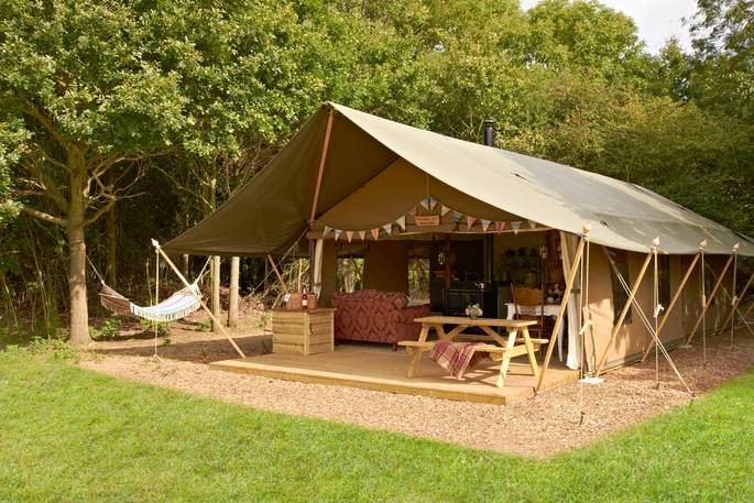 Exterior of Secret Meadows safari tent in Suffolk
