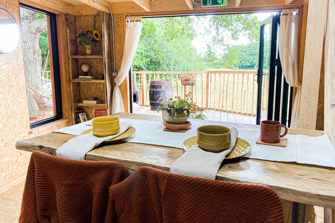 Meadow Cabin at Beneath The Branches view from the dining table, Ashurst, Sussex, England