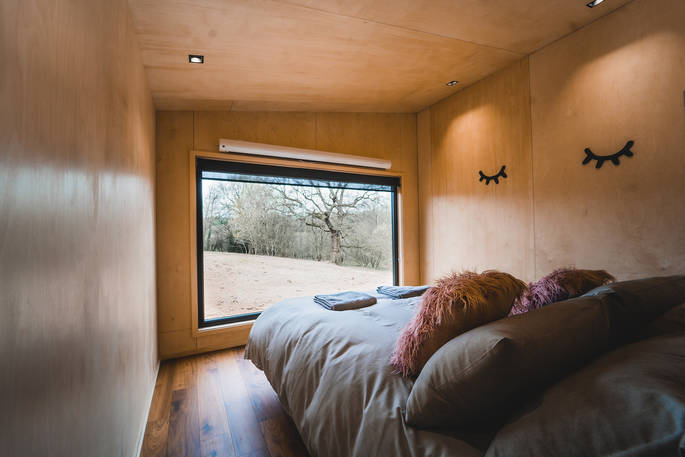 Hidey-hole Cabin view from the bed, Downash Wood, Ticehurst, East Sussex