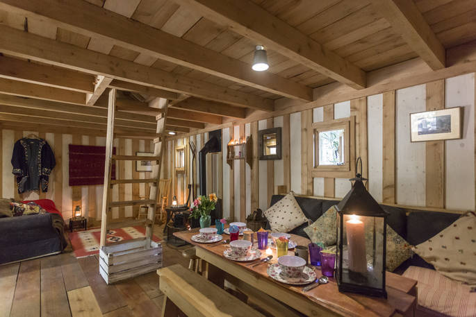 Interior of Idaho Cabin with wooden ladder to access the double bed on mezzanine level at Forest Garden