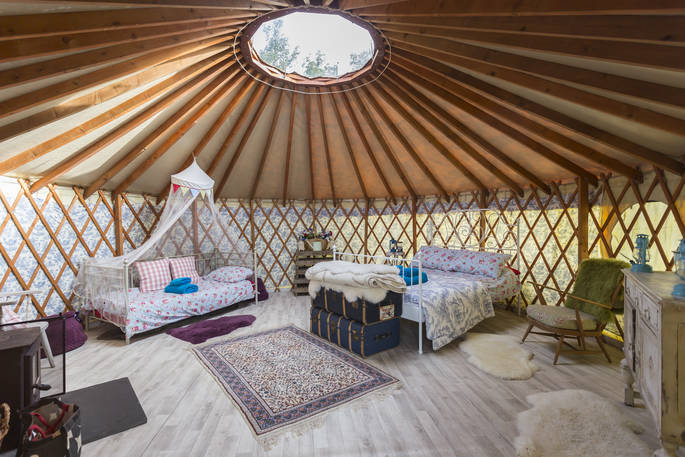 Bodichon Yurt bedroom at Robertsbridge, Sussex