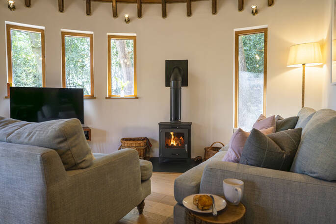 Living area with sofas and a wood burner
