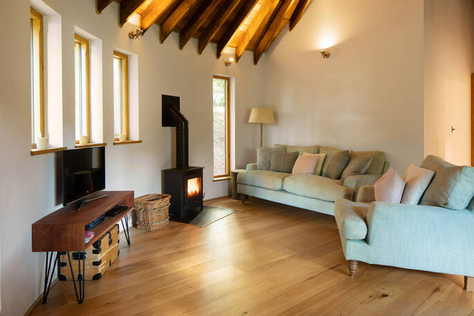 Living room with sofas and wood burner