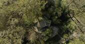 The Buzzardry treehouse drone view, Rushlake Green, Sussex, England
