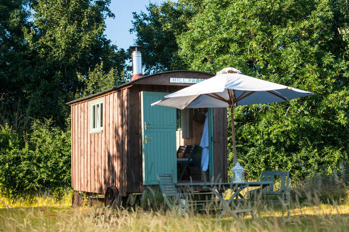 The quirky and charming Jesters Shepherd's Hut at Hill Farm in Warwickshire