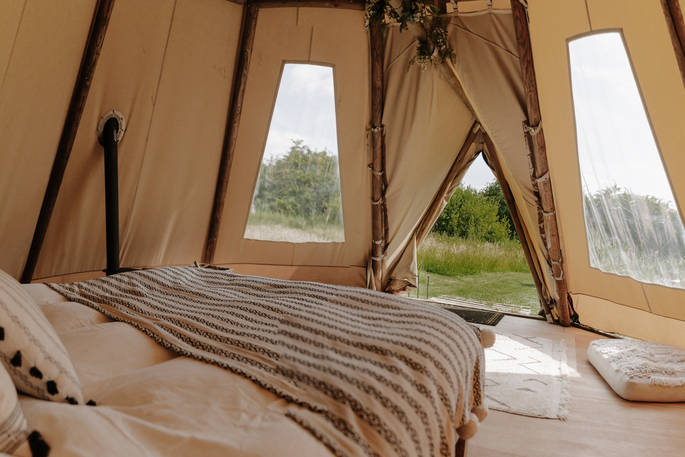 Slinket tipi view from inside, Priors Hardwick, Warwickshire