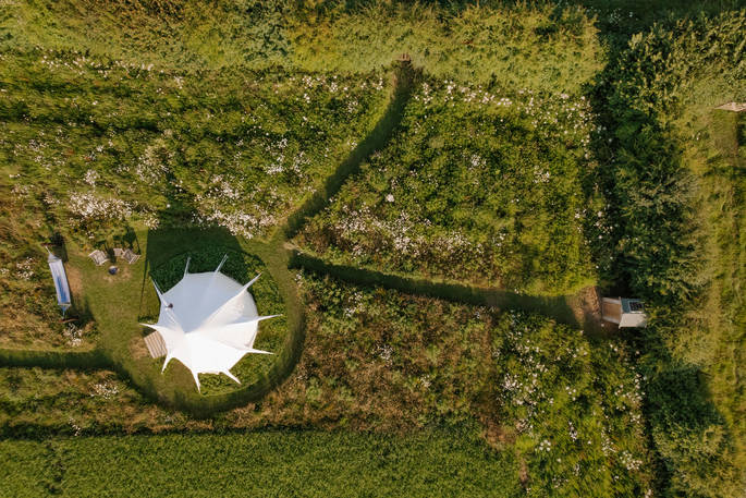 Watery Furrows yurt from above, Priors Hardwick, Warwickshire