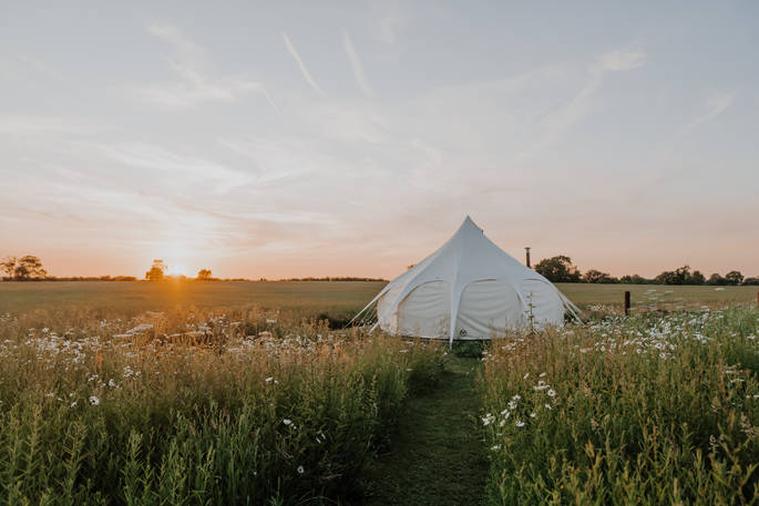Watery Furrows yurt on sunset, Priors Hardwick, Warwickshire