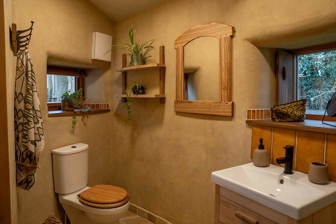 Bathroom with a sink and flushing toilet