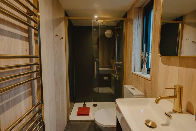 Bathroom with a hot shower, sink anf flushing toilet