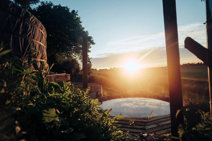 Solstice Yurt sunset from hot tub, Winterbourne Stoke, Salisbury, Wiltshire