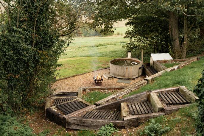 Steps down to hot tub