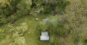 Joan's Hut Shepherd's hut drone view, Stourport on seven, Worcestershire, England
