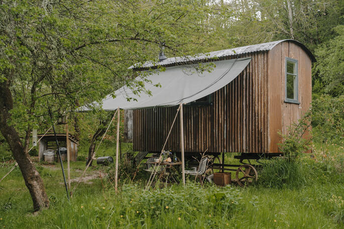 Joan's Hut Shepherd's hut exterior, Stourport on seven, Worcestershire, England,,,