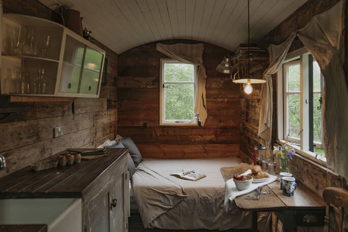 Joan's Hut Shepherd's hut interior, Stourport on seven, Worcestershire, England