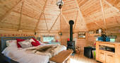 Lilla Stugan cabin interior with wood burner, Alfrick, Worcester, Worcestershire