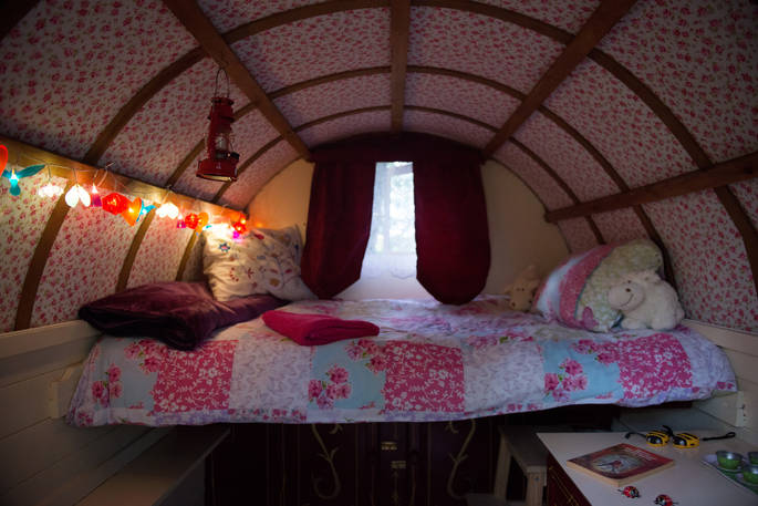 Inside of copper beech glade of cosy double bed in Yorkshire 