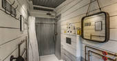 The quirky shower facilities at Whitby cabin, North Star Club