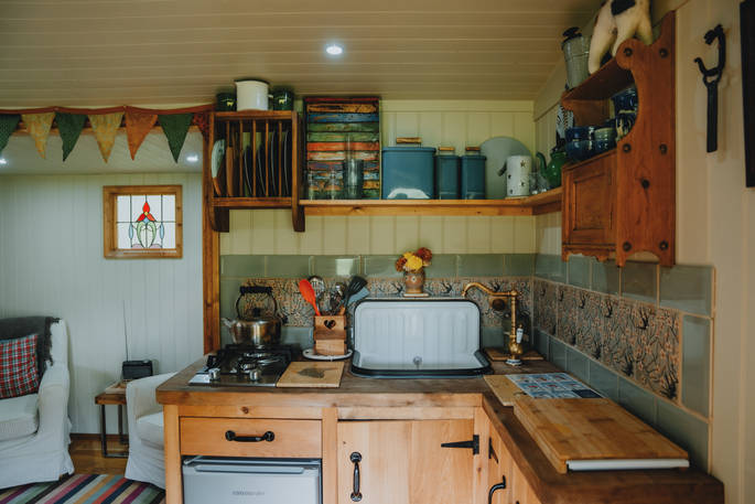 Woodman's Hut shepherds hut kitchen, Whitby, North Yorkshire