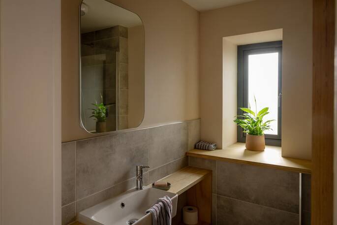 Bathroom with a hot shower, sink and flushing toilet