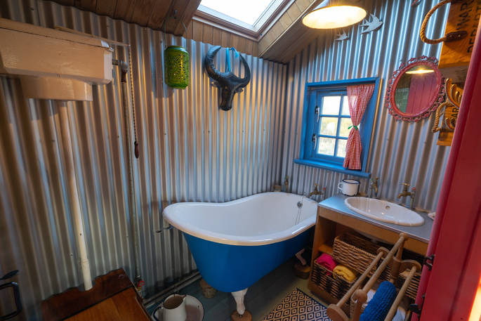 Barley Bothy bathroom with bath tub, Boutique Farm Bothies at Huntly, Aberdeenshire