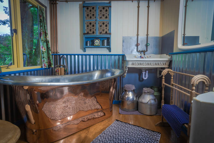 The Dairy at Denend indoors copper bath tub, Boutique Farm Bothies at Huntly, Aberdeenshire