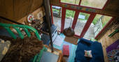 The Sheep Shed view from the mezzanine to the living room area, Boutique Farm Bothies at Huntly, Aberdeenshire