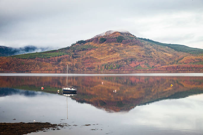 The Douglas Boathouse cabin stunning view of the lake Loch Fyne and mountains, Argyll & Bute, Scotland