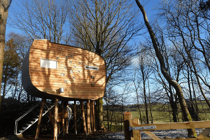 Exterior view of Brocklock Treehouse, Dumfries and Galloway