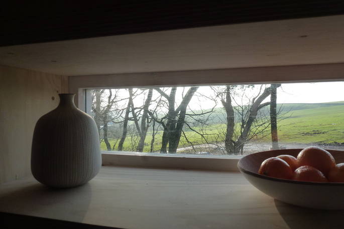 View through long window at Brockloch Treehouse, Dumfries and Galloway
