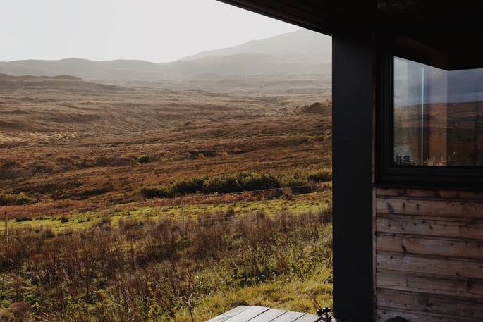 Black Shed cabin view from balcony, Highland, Scotland - Anne-Sophie Bak Rosenving Photography