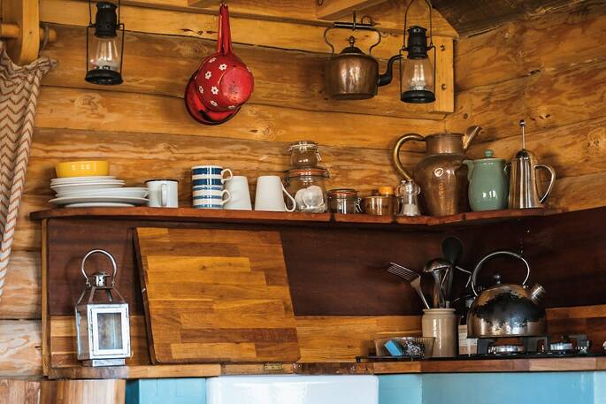 Inshriach Loghouse cabin kitchen, near Aviemore, Highland, Scotland