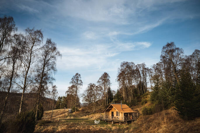Inshriach Loghouse cabin surrounding area, near Aviemore, Highland, Scotland