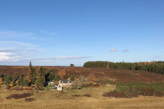 Cose Farmhouse cottage drone view, Nairn, Highland, Scotland