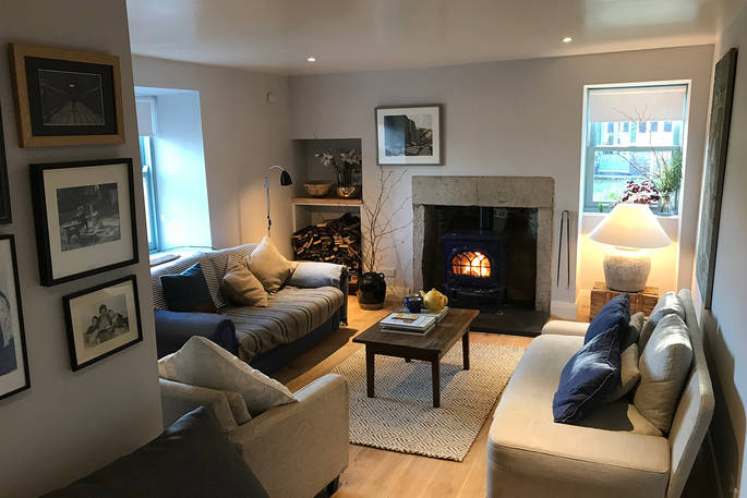 Cose Farmhouse cottage living room with wood burner, Nairn, Highland, Scotland